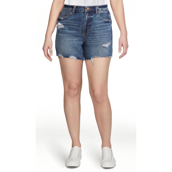 sz:5 - No Boundaries High Rise Destructed Dark Wash Midi Shorts - Picture 4 of 8